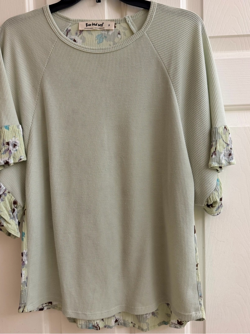 Three Bird Nest Mint Green Waffle Knit Top with Floral Trim